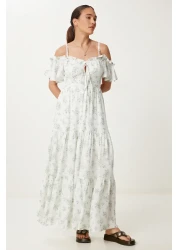 Lovelyİstanbul فستان فيسكوز صيفي طويل مكشكش ومزخرف بحزام ECRU GREEN LUB0112
