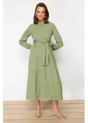  Modest Light Khaki Belted Chief Collar Button Detail Woven Dress TCTSS21EL3343