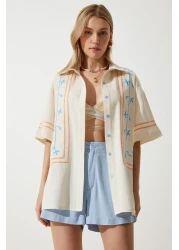 Happiness İstanbul قميص نسائي من الكتان المطرز باللون الكريمي RG00039