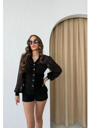 RB CLUB بلوزة شيفون بأكمام مفصلة وأزرار باللون الأسود