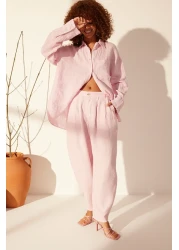  Collection بنطلون وردي 100% كتان عالي الخصر TWOSS24JE00243