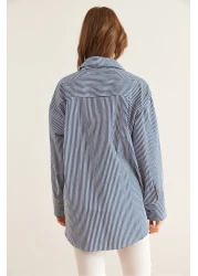 Olalook Women's Striped Navy Blue Hidden Placket Poplin Shirt Gml- 19000867