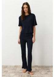  Collection Corduroy Pajama SeT - Navy Blue, Slogan PrinTed T-shirt and Trousers THMSS21PT1016