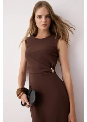  Collection Brown Straight Body Wrap Midi Woven Dress Twoss25El00204