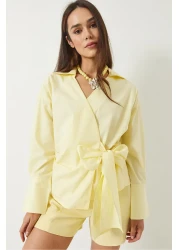 Bianco Lucci Women's Double Breasted Collar Side Tie Poplin Shirt 60283082