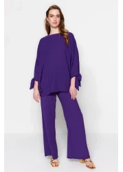  Modest Purple Bat Sleeve Woven Aerobin Tunic-Pants Set TCTSS23US00043
