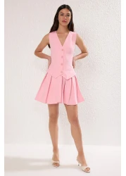  Collection Pink Plain Pleated Short / Mini Woven Dress Twoss25El00866