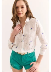 Olalook Women's White Purple Color Floral Cotton Scallop Shirt Gml-19001326