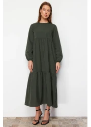  Modest فستان منسوج من القطن ذو قصة واسعة ومفصل باللون الكاكي TCTSS21EL3406