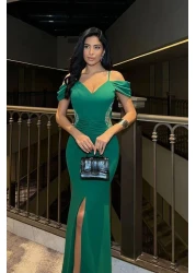 Mossta Low-Cut Stone Evening Dress Green | Off Shoulderoff Shoulder Dress with Rhinestone