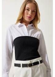 Happiness İstanbul Women's White Black Polo Neck Color Blocked Shirt Blouse AN00174