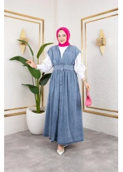 HARMAN BUTİK Women's V-Neck Buttoned Blue Denim Gilet