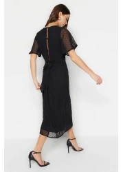  Collection Black A-Cut Back Detail Angel Sleeve Midi Lined Chiffon Woven Dress TWOSS23EL01461