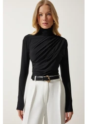 Happiness İstanbul Women's Black Gather Detailed High Collar Sandy Blouse FF00135