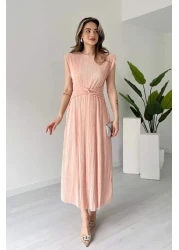 MODAMİNEM Women's Powder Pleated Lacing Detail Dress