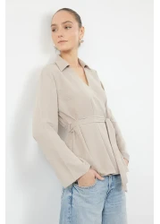  Collection Gray V-Neck Woven Blouse - Double Breasted and Tie Detailed TWOSS24BZ00371