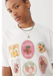 The Champ Clothing تي شيرت أبيض كبير الحجم للجنسين مصنوع من القطن بنسبة 100% مع ملصق الفاكهة، طراز عتيق معاد تدويره