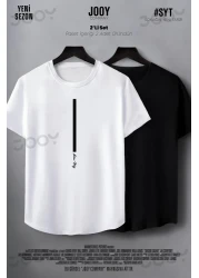 Jooy Company تي شيرت أسود أبيض بقصة ضيقة - طقم مكون من قطعتين مطبوع بمفتاح منخفض