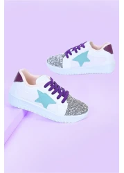 MECH BUTİK Girl's White Sneakers Green Starry Silver Sequin Colorful Lace-Up Sneakers