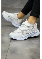 BOUIS حذاء رياضي شبكي للأطفال برباط أبيض وشريط فيلكرو مرن وخفيف الوزن وجيد التهوية للجنسين