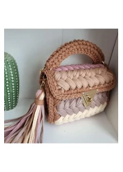 CHQEL Women's Brown Beige Cream Tone Pistachio Model Handmade Crochet Combed Cotton Thread Bag & Hand, Shoulder and Cross