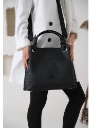 Just Polo Black Women's Embossed Pattern Magnetic Snap Closure Clutch Bag with Shoulder Strap