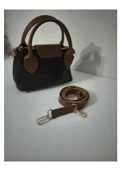 Home Women's Bag Faux Leather Handle Medium Size Hand and Shoulder Bag Black-Tan 23cm Length: 15cm