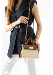 Mimoza Women's Straw - Tan Leather Detailed Hand and Shoulder Bag