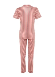  Collection Animal Print Pink Striped Knitted Pajamas Set - Shirt and Pants THMSS21PT0878