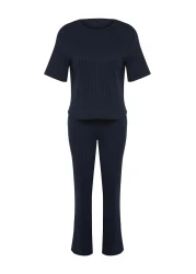  Collection Corduroy Pajama SeT - Navy Blue, Slogan PrinTed T-shirt and Trousers THMSS21PT1016