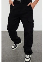  Collection Black Cargo Pocket Cotton Pants, Baggy/Loose Fit and Pinch Tightening Tmnss24Pl00021