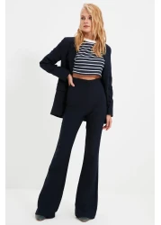  Collection بنطلون قماش منسوج بأرجل واسعة باللون الأزرق الداكن TOFAW19BB0581