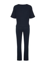  Collection Corduroy Pajama SeT - Navy Blue, Slogan PrinTed T-shirt and Trousers THMSS21PT1016