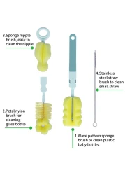SEBIKAM Baby Bottle Brush 4 in 1 Bottle Scrubber Cleaner Brushes Set Sponge Milk Water Brush Kit Includes Baby Bottle Cleaner Brush Nipple Brush Straw Cleaner Green