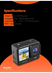 كاميرا Porodo Lifestyle بدقة 4K و30 إطار/ث، زاوية رؤية 120°، صور 16 ميجابكسل، شاشتين، مقاومة للماء، بطارية 900 مللي أمبير، دعم WiFi، شاشة عرض متعددة، متوفرة باللون الأسود.