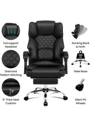 Karnak Executive Office Gaming Chair PU Leather 360 Swivel, Diamond Pattern Stitching High Back With Tilt Lock Mechanism, Soft Foam &amp; Well Padded Backrest With Lumbar Support, Black