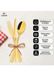 Life Smile 24 Pieces Cutlery Set Service for 6 person,Pure Stainless Steel Flatware Set,Mirror Polished Cutlery Utensil Set Include Spoon/Fork/Knife/Tea Spoon(SHINE GOLD &amp; SAND BLASTING HANDLE)