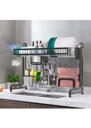 MZH Qryy Dish Drying Rack Over The Sink, Leaderpro Premium 304 Stainless Steel Dish Drainer Shelf, Kitchen Supplies, Countertop Space Saver Display Stand Tableware Organizer Utensils Holder, Black