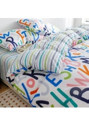 Luna Home-Single Size 4 Pieces Reversible Alphabet Design Stripped Bedsheet and Rainbow Colors Duvet Cover without filler.