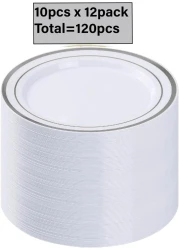 10" Disposable Plastic Plates, White &amp; Gold Color, 46g Weight, Pack of 120 Plates