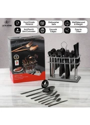 LIFE SMILE Cutlery Set, 18/10 Pure Stainless Steel Flatware Set with Stand, Rust Proof &amp; Fade Proof Dinnerware Set (SHINE BLACK, 38 Pieces)