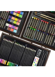 Sunnyglade 145 Piece Deluxe Art Set Wooden Box Drawing Kit with Crayons Oil Pastels Colored Pencils Watercolor Cakes Sketch Pencils Paint Brush Sharpener Eraser Color Chart Cherry