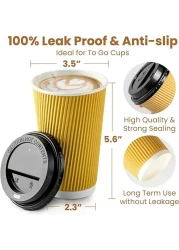 YESOCEA [50 Set] 12 oz. Kraft Disposable Coffee Cups With Lids - Triple Wall Ripple Brown Hot Paper Cups for Tea, Drinks To-Go