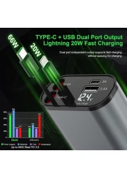 Retractable Car Charger 4 in 1 Fast Charging Adapter with Type C Cable, Dual USB Ports, Voltage Display, 60W Power Compatible with iPhone, iPad, Galaxy &amp; More