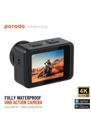 Porodo 4K Ultra HD Action Camera with WiFi Support and Touch Screen Dual Screen Display Full Body Waterproof Electronic Image Stabilization Wide View Angle 150° 4K@ 60fps Video Capture 24MP