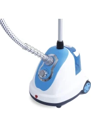 مكواة بخار للملابس سعة ١.٤ لتر، مزودة بفوهة من الفولاذ المقاوم للصدأ، وخرطوم مقاوم للحرارة وصمام مانع للتسرب، بقوة ١٧٠٠ واط لإزالة التجاعيد بسرعة - أبيض وأزرق