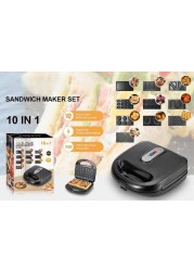 10 in 1 Sandwich Maker 750W Multi Function Machine with Changeable Plates for Waffle, Grill, Donut, Sandwich, 5 Cookie Designs, Nut Shapes, &amp; Cone Maker Non Stick Coating
