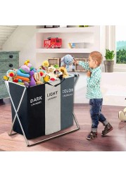 Doreen Laundry Clothes Hamper Sorter Basket Bin Foldable with Aluminum Frame, Clothes toys Waterproof Organizer Bag, Washing Storage Dirty Clothes Bag for Bathroom Washroom Bedroom (3sections)（GC1755A