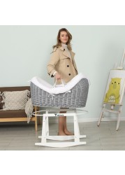 Teknum Infant Wicker Pod Moses Basket with White Waffle Beddings & White Rocker Stand - Wooden Grey
