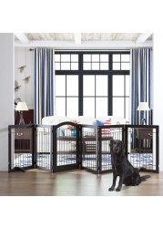PAWLAND 144inch Extra Wide 30inches Tall Dog gate with Door Walk Through Freestanding Wire Pet Gate for The House Doorway Stairs Pet Puppy Safety Fence Support Feet Included Espresso6 Panels